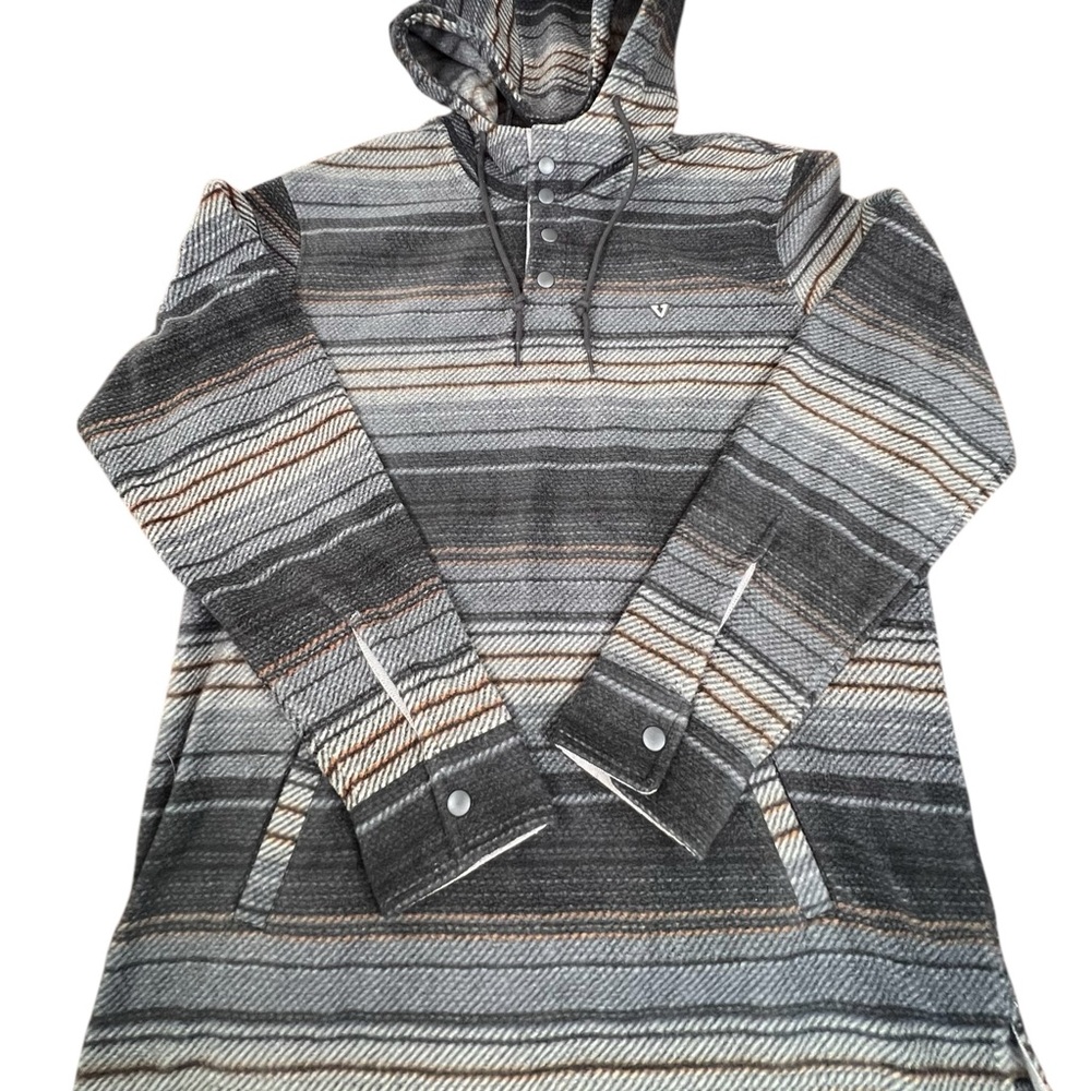 Vissla Eco-zy Fleece Henley Hoodie Front Pocket  Gray and Tan Striped size M